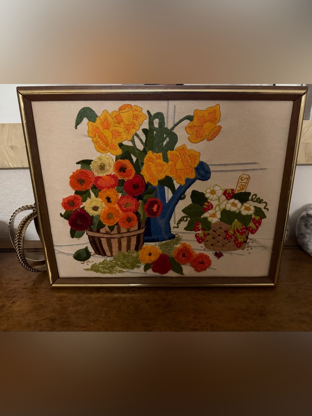 Vintage Sunset Stitchery "Spring Gardening" Framed Crewel Embroidery Art